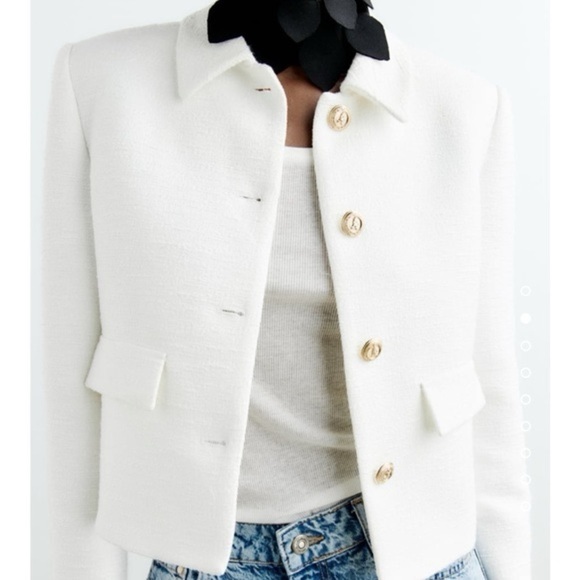 ZARA gold Button white Tweed Blazer Jacket Large - Picture 1 of 9